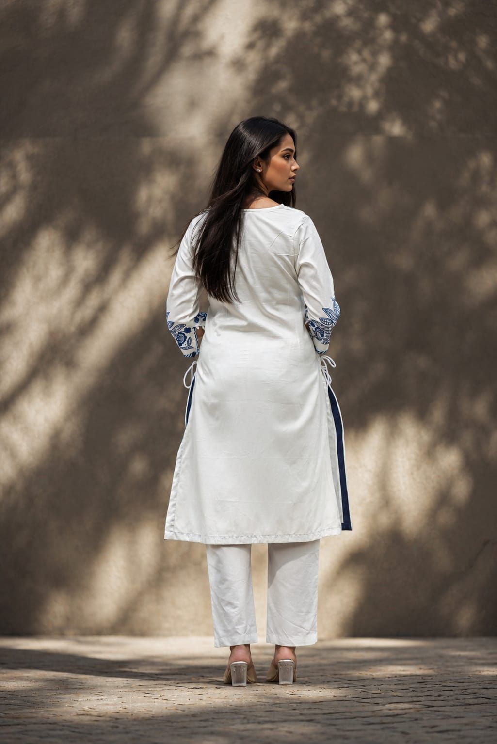 White & Blue Embroidered Cotton Kurta, view 3