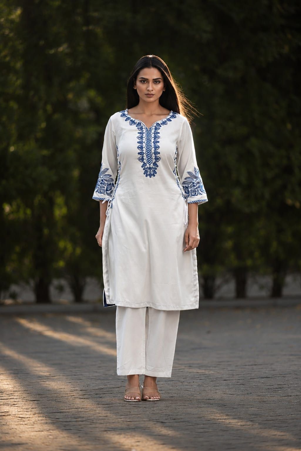 White & Blue Embroidered Cotton Kurta, view 5