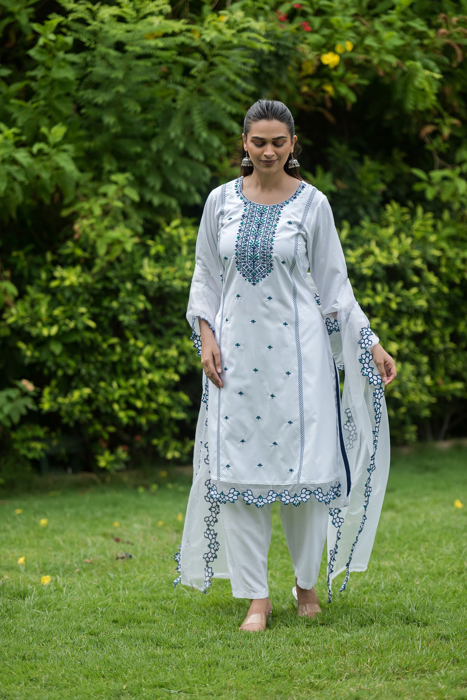 White & Navy Embroidered Rayon Straight Kurta Pant Dupatta Set, view 1