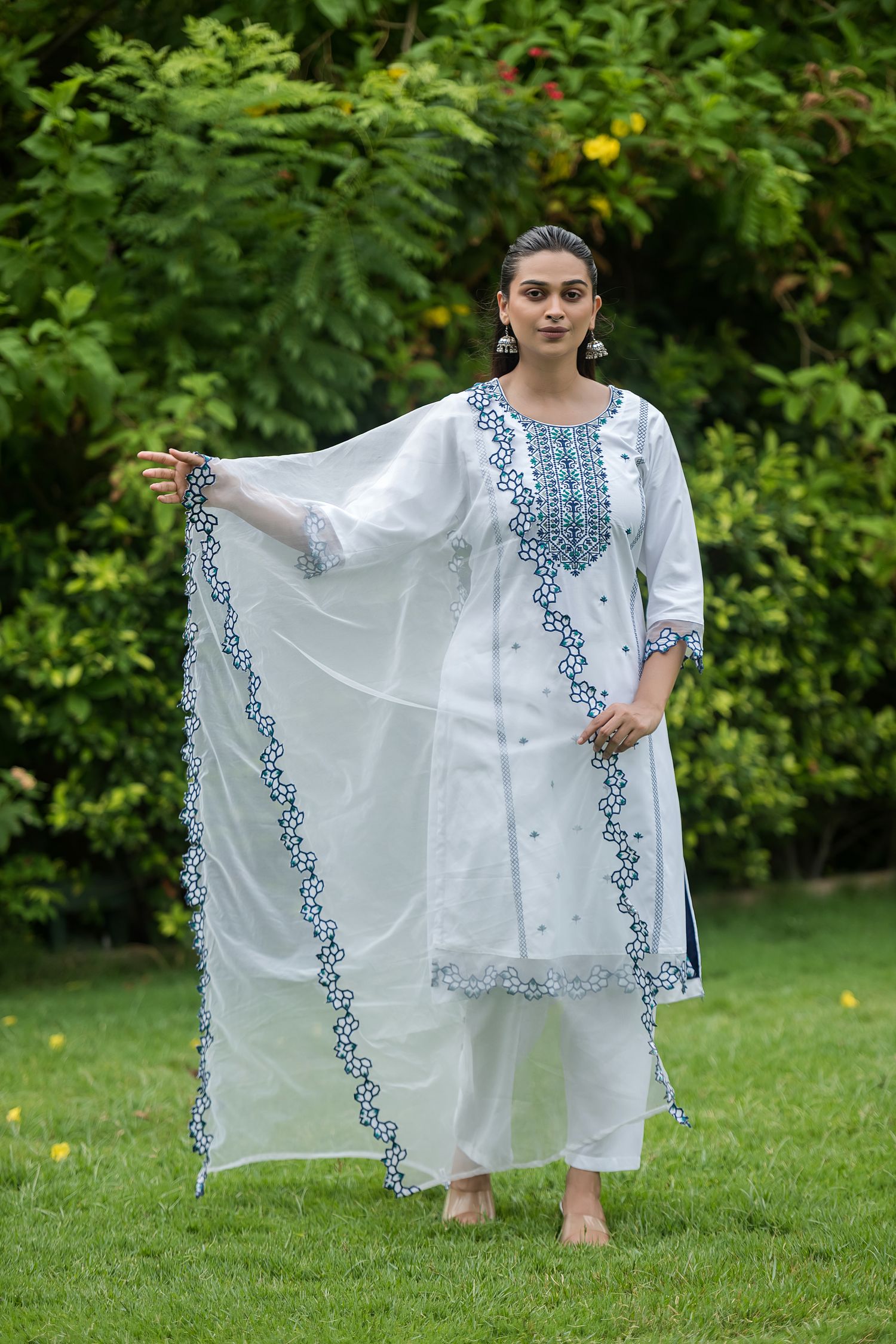 White & Navy Embroidered Rayon Straight Kurta Pant Dupatta Set, view 2