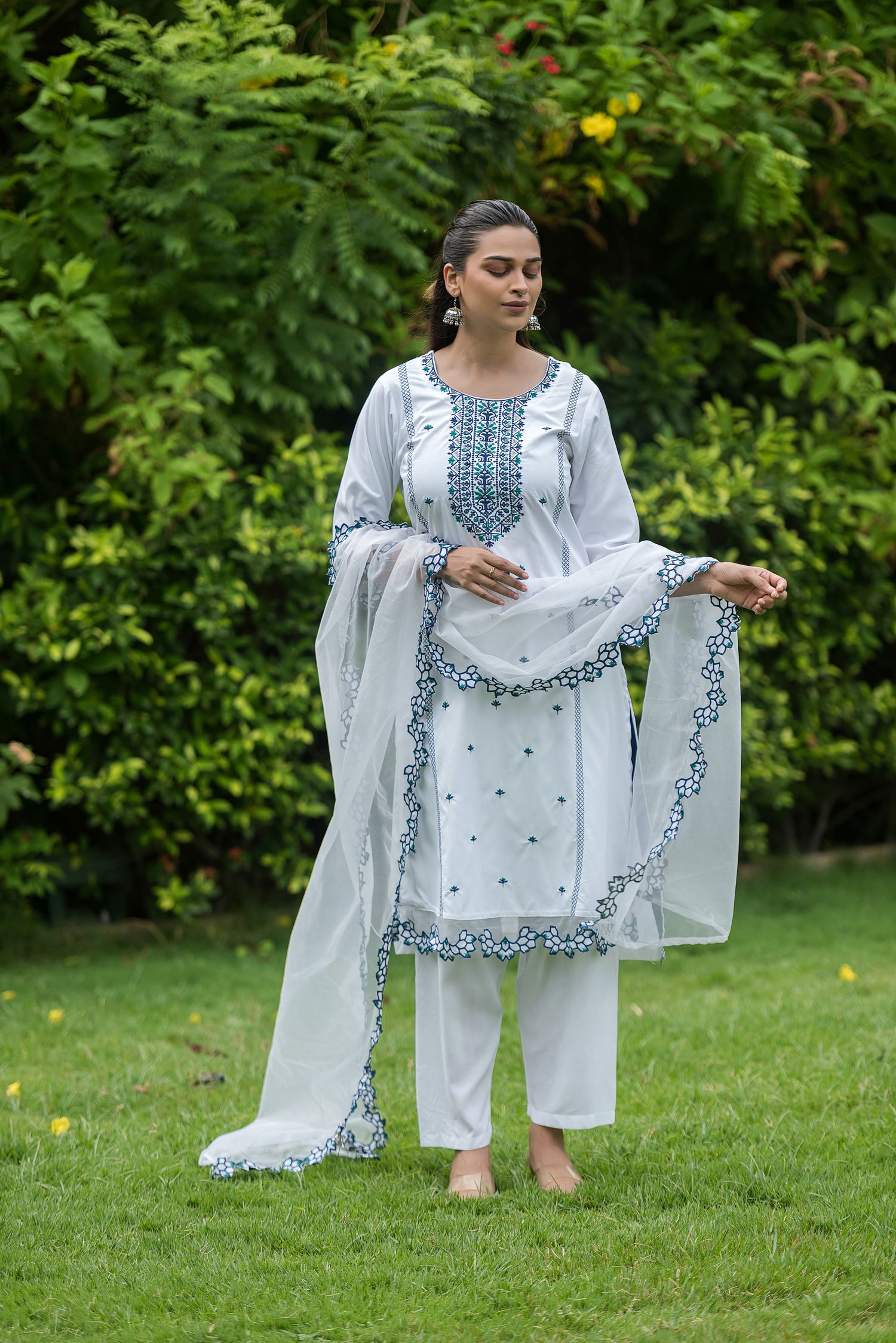White & Navy Embroidered Rayon Straight Kurta Pant Dupatta Set, view 3