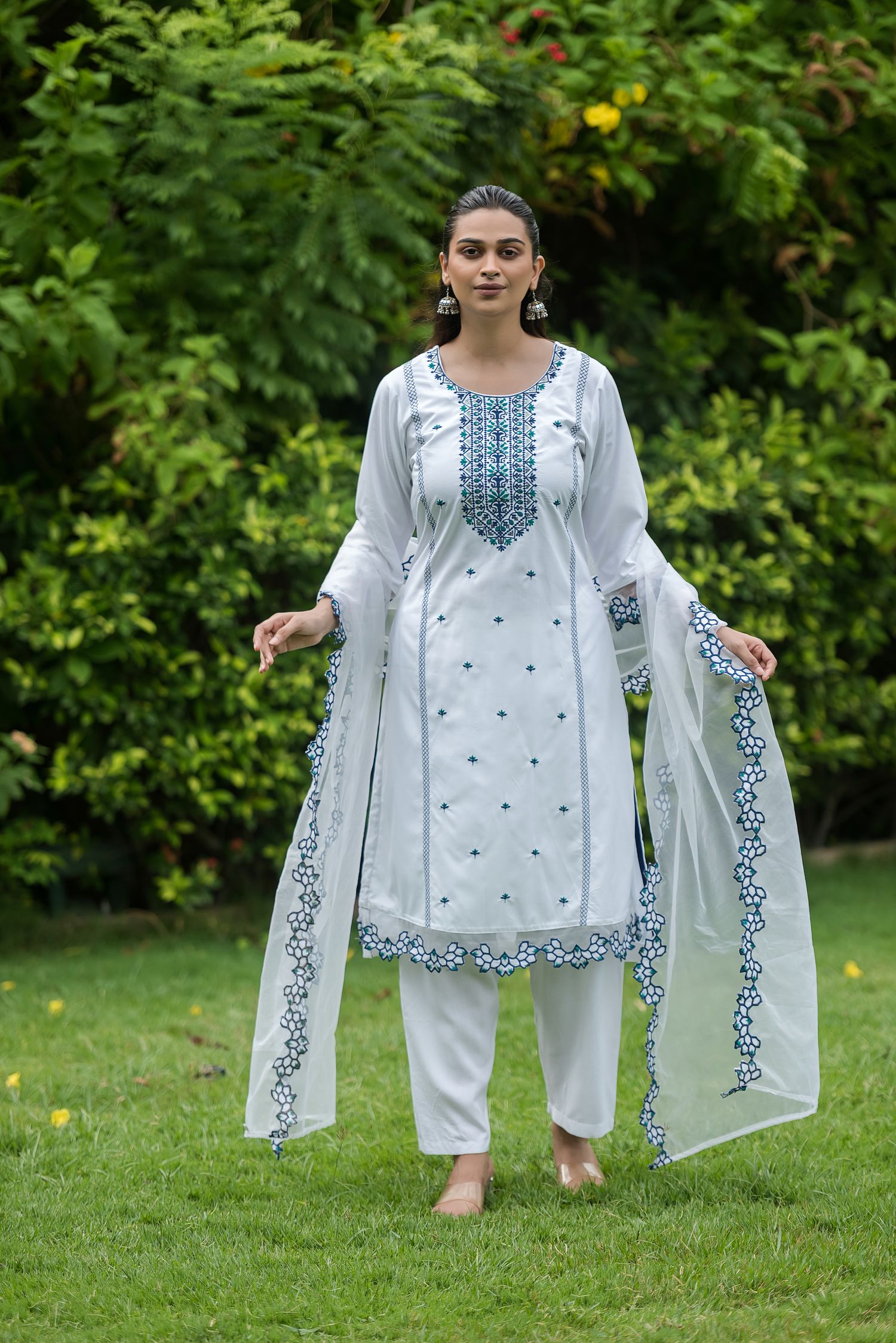 White & Navy Embroidered Rayon Straight Kurta Pant Dupatta Set, view 4