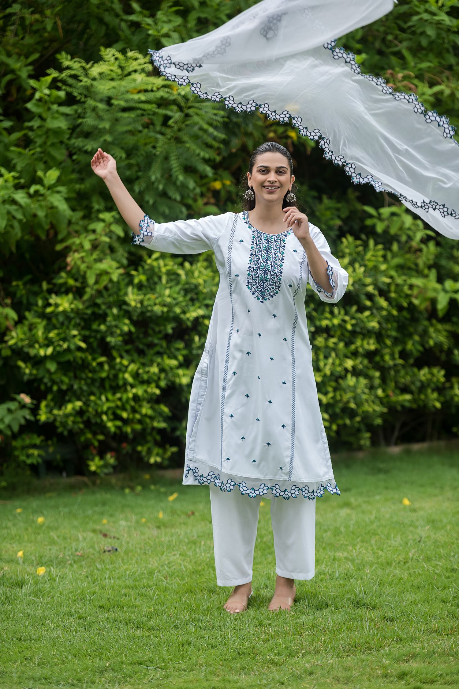 White & Navy Embroidered Rayon Straight Kurta Pant Dupatta Set, view 5