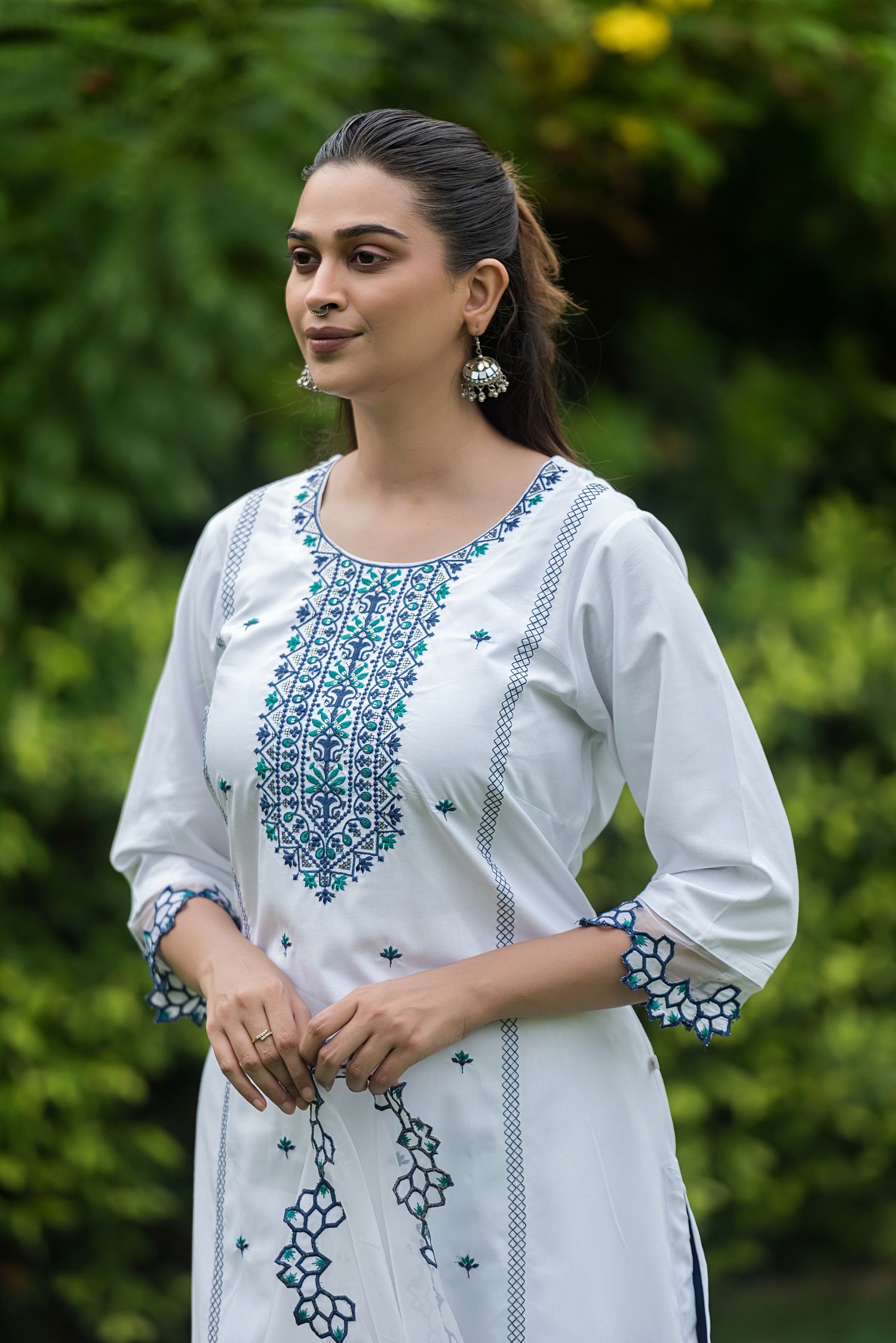 White & Navy Embroidered Rayon Straight Kurta Pant Dupatta Set, view 6