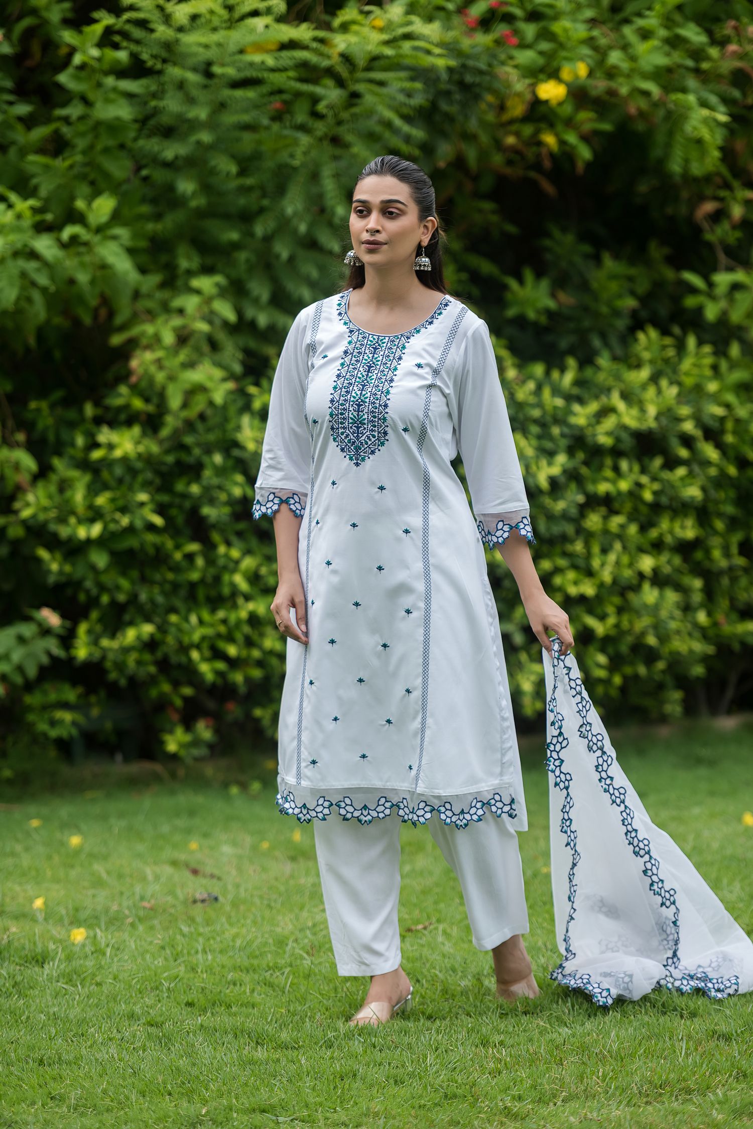 White & Navy Embroidered Rayon Straight Kurta Pant Dupatta Set, view 7