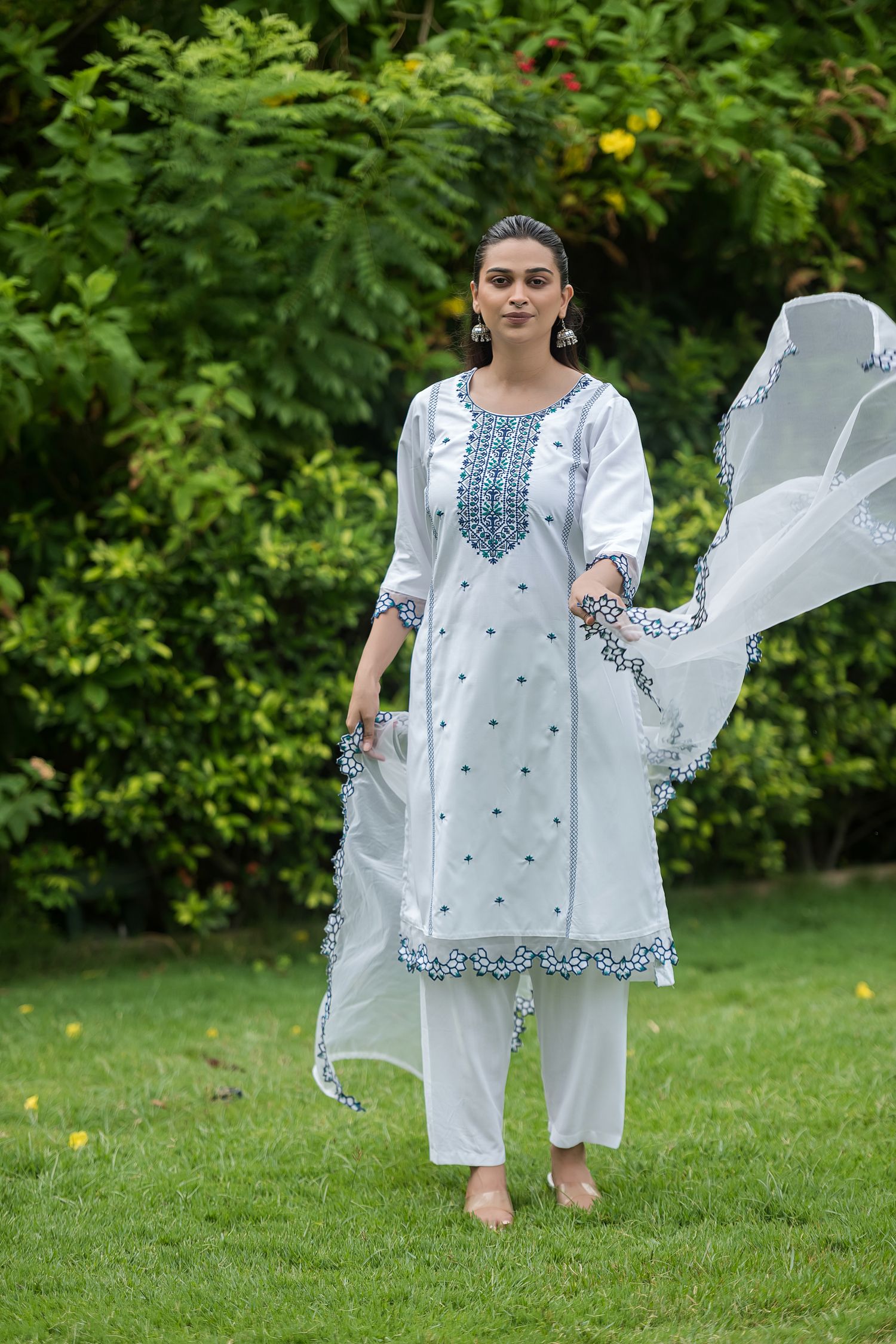 White & Navy Embroidered Rayon Straight Kurta Pant Dupatta Set, view 8