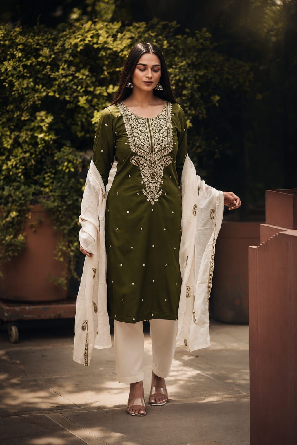 Olive Embroidered Cotton Satin Kurta Set with Pants & Dupatta Product Description, view 1