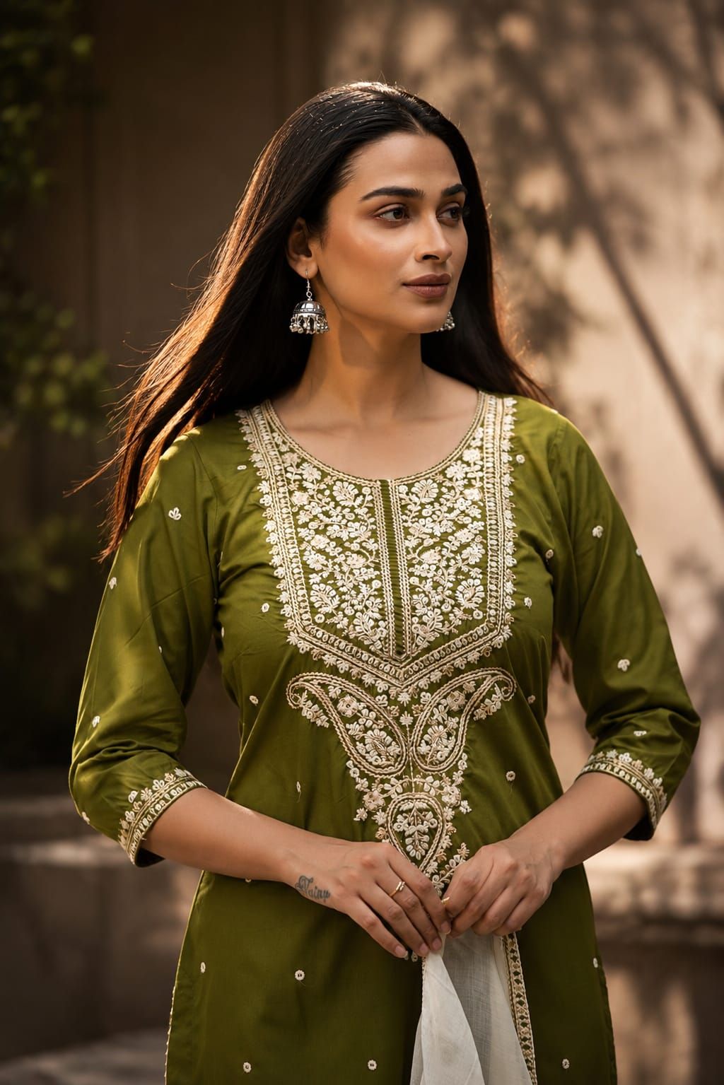 Olive Embroidered Cotton Satin Kurta Set with Pants & Dupatta Product Description, view 2