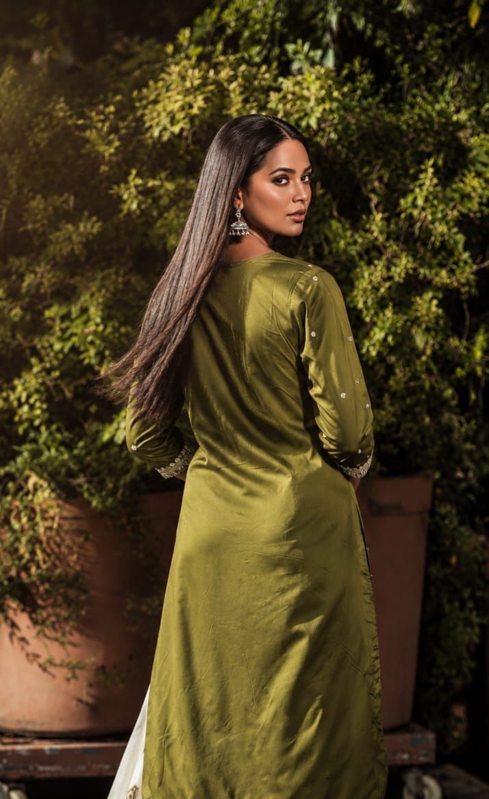 Olive Embroidered Cotton Satin Kurta Set with Pants & Dupatta Product Description, view 3