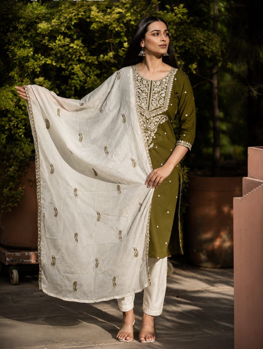 Olive Embroidered Cotton Satin Kurta Set with Pants & Dupatta Product Description, view 4