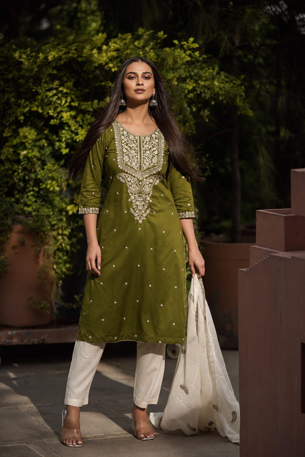 Olive Embroidered Cotton Satin Kurta Set with Pants & Dupatta Product Description, view 5