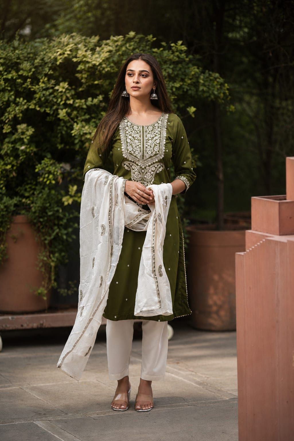 Olive Embroidered Cotton Satin Kurta Set with Pants & Dupatta Product Description, view 6