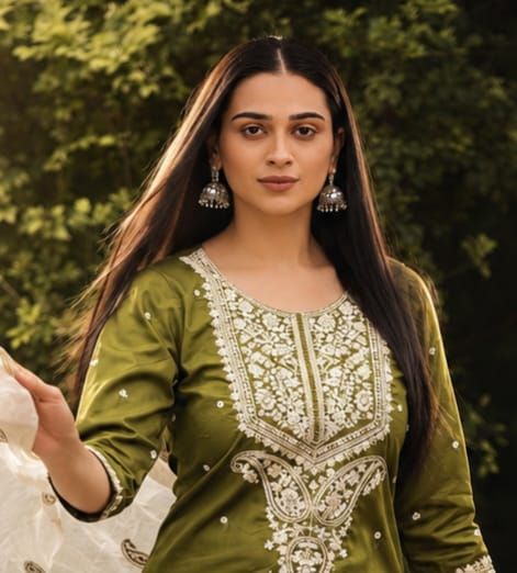 Olive Embroidered Cotton Satin Kurta Set with Pants & Dupatta Product Description, view 7
