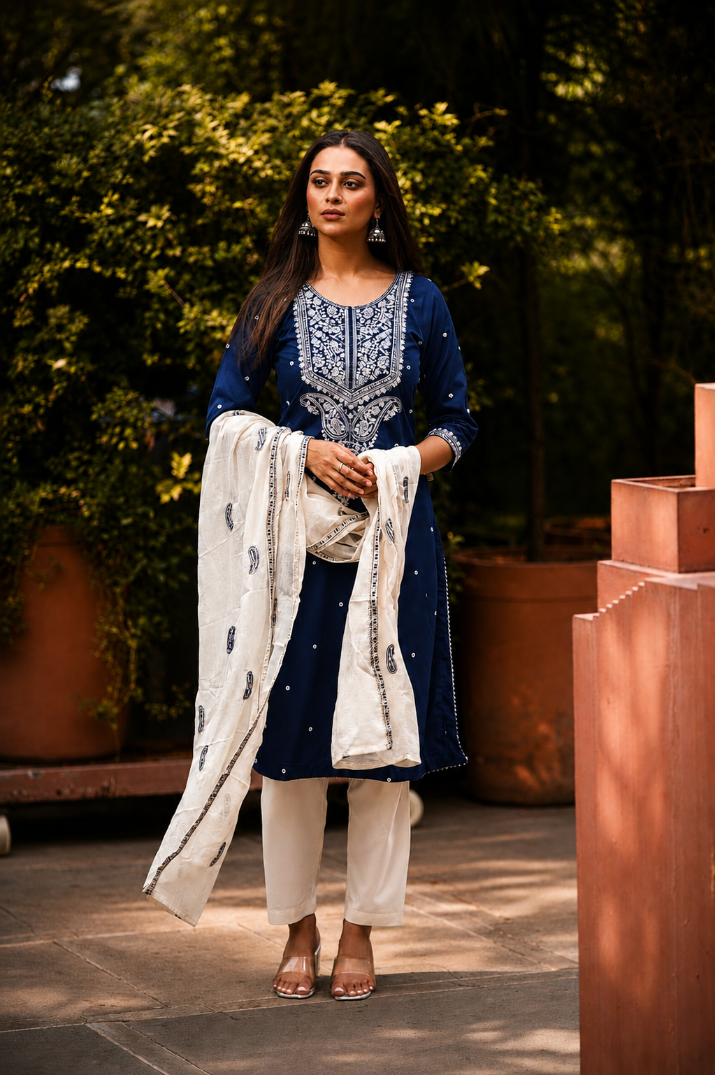 Blue Embroidered Cotton Satin Kurta Set with Pants & Dupatta