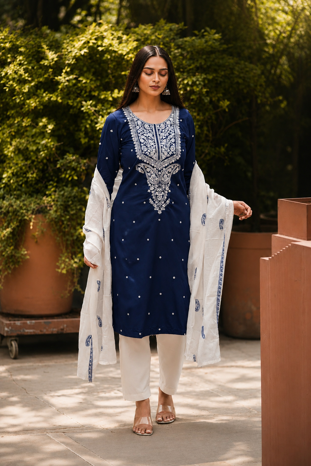 Blue Embroidered Cotton Satin Kurta Set with Pants & Dupatta