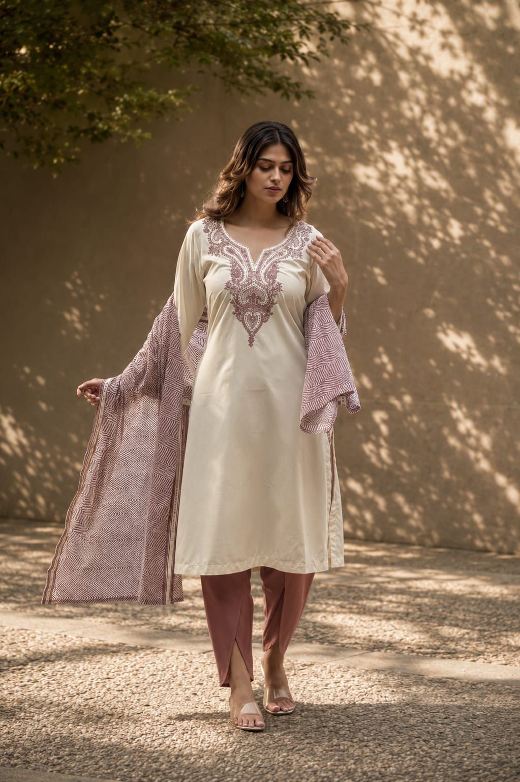 Off White Embroidered Rayon Straight Kurta Pant Dupatta Set, view 2