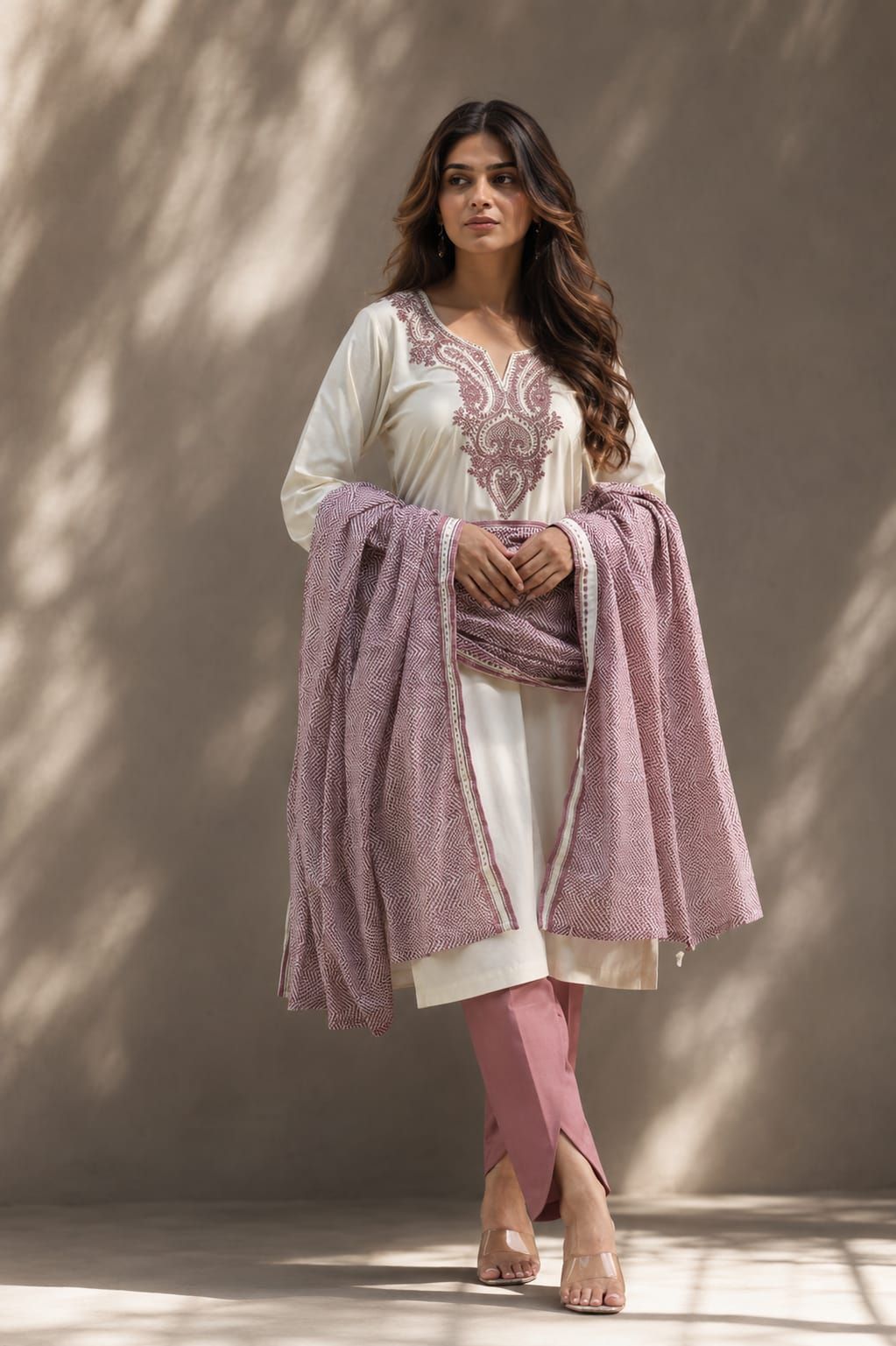 Off White Embroidered Rayon Straight Kurta Pant Dupatta Set, view 3