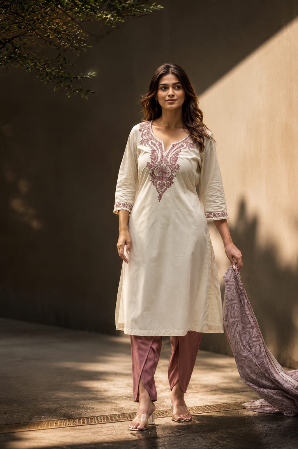 Off White Embroidered Rayon Straight Kurta Pant Dupatta Set, view 4