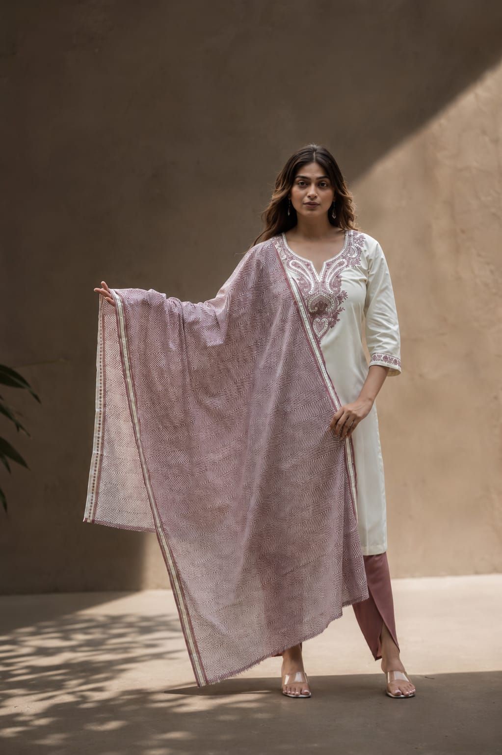 Off White Embroidered Rayon Straight Kurta Pant Dupatta Set, view 5