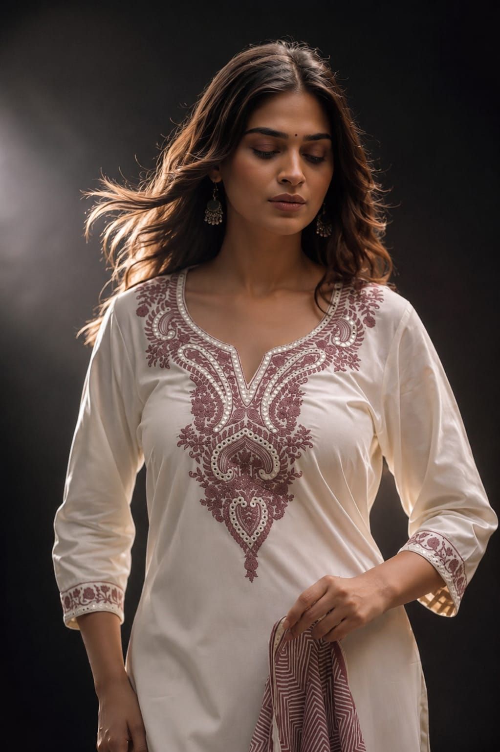 Off White Embroidered Rayon Straight Kurta Pant Dupatta Set, view 7