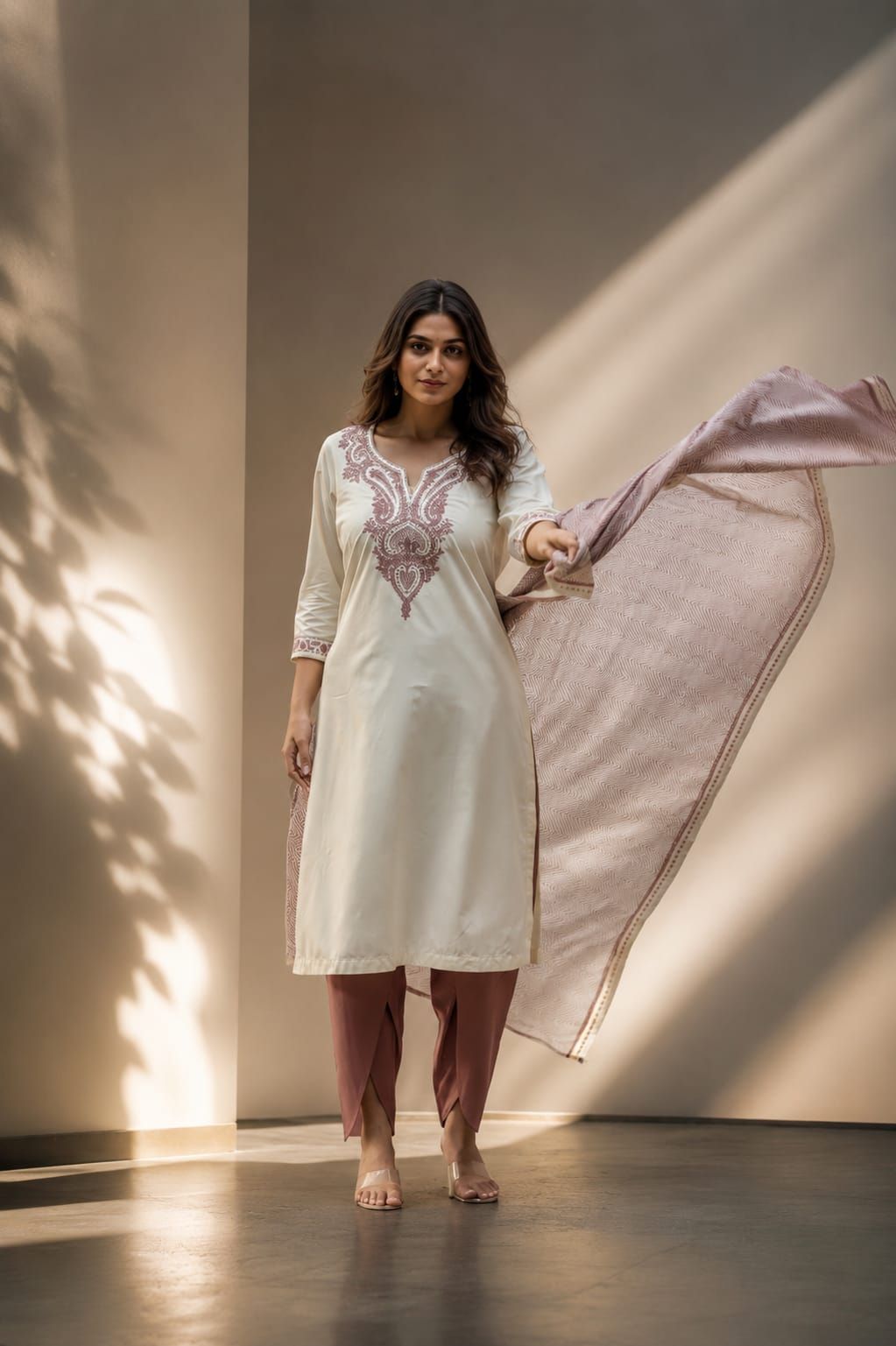 Off White Embroidered Rayon Straight Kurta Pant Dupatta Set, view 8