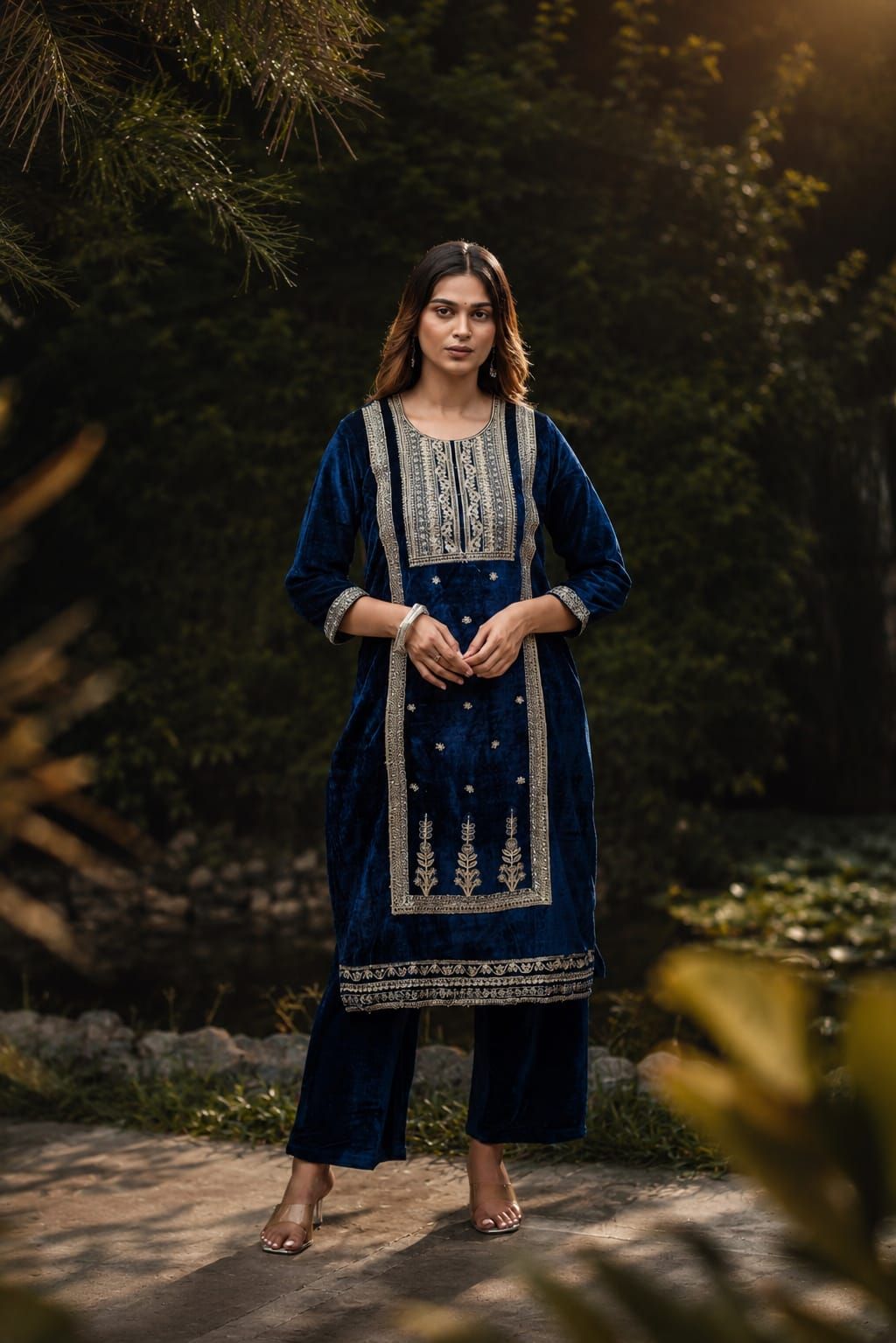Navy Embroidered Velvet Straight Kurta Pant Set, view 2