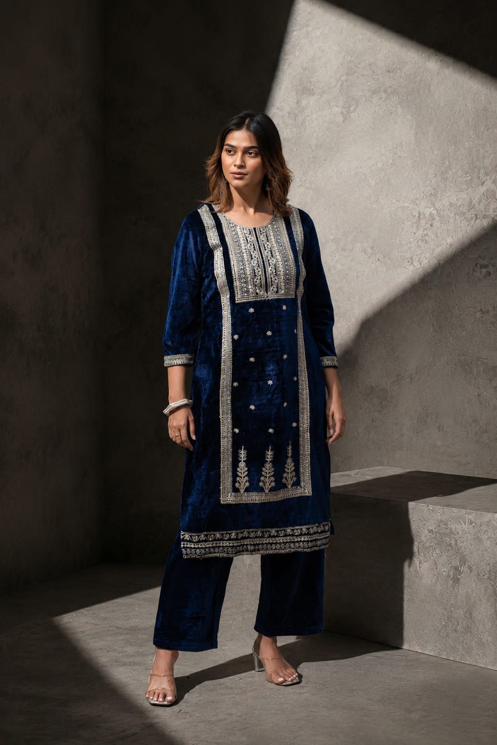 Navy Embroidered Velvet Straight Kurta Pant Set, view 3