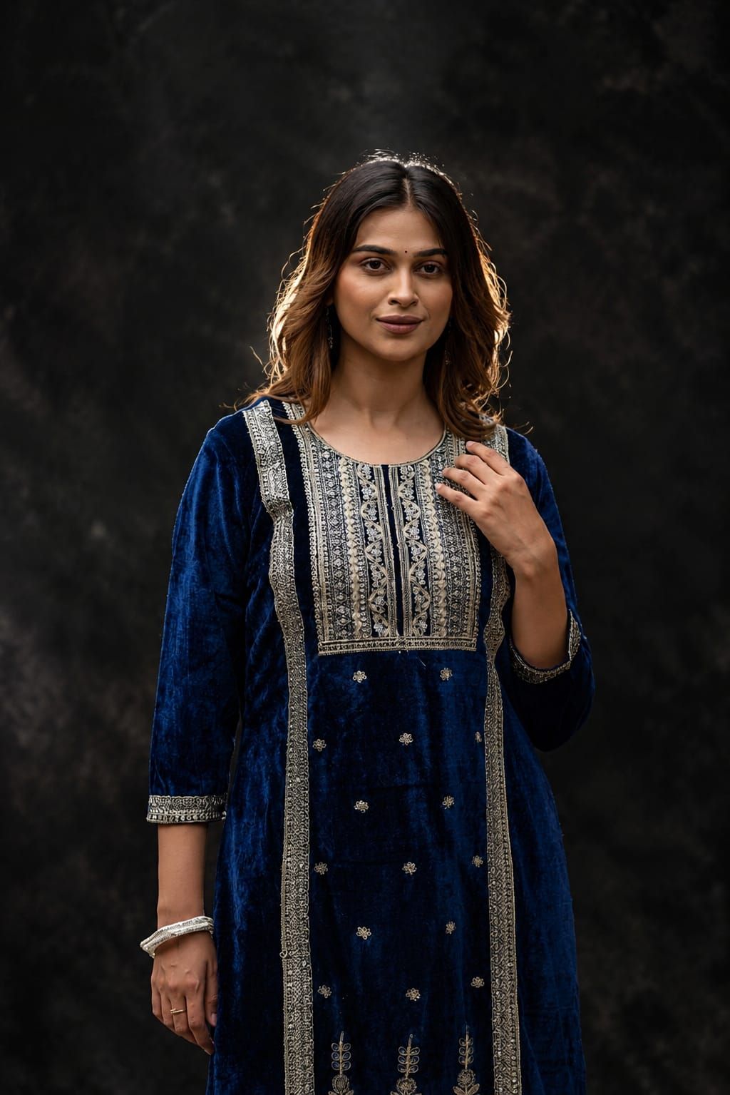 Navy Embroidered Velvet Straight Kurta Pant Set, view 4