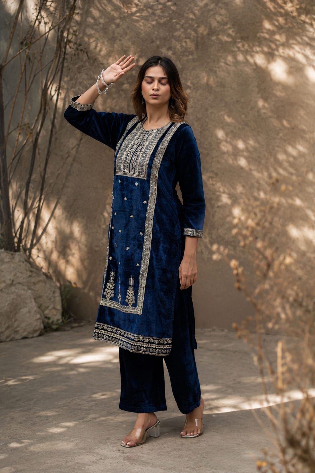 Navy Embroidered Velvet Straight Kurta Pant Set, view 5