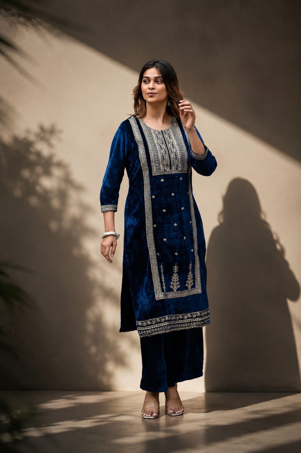 Navy Embroidered Velvet Straight Kurta Pant Set, view 6