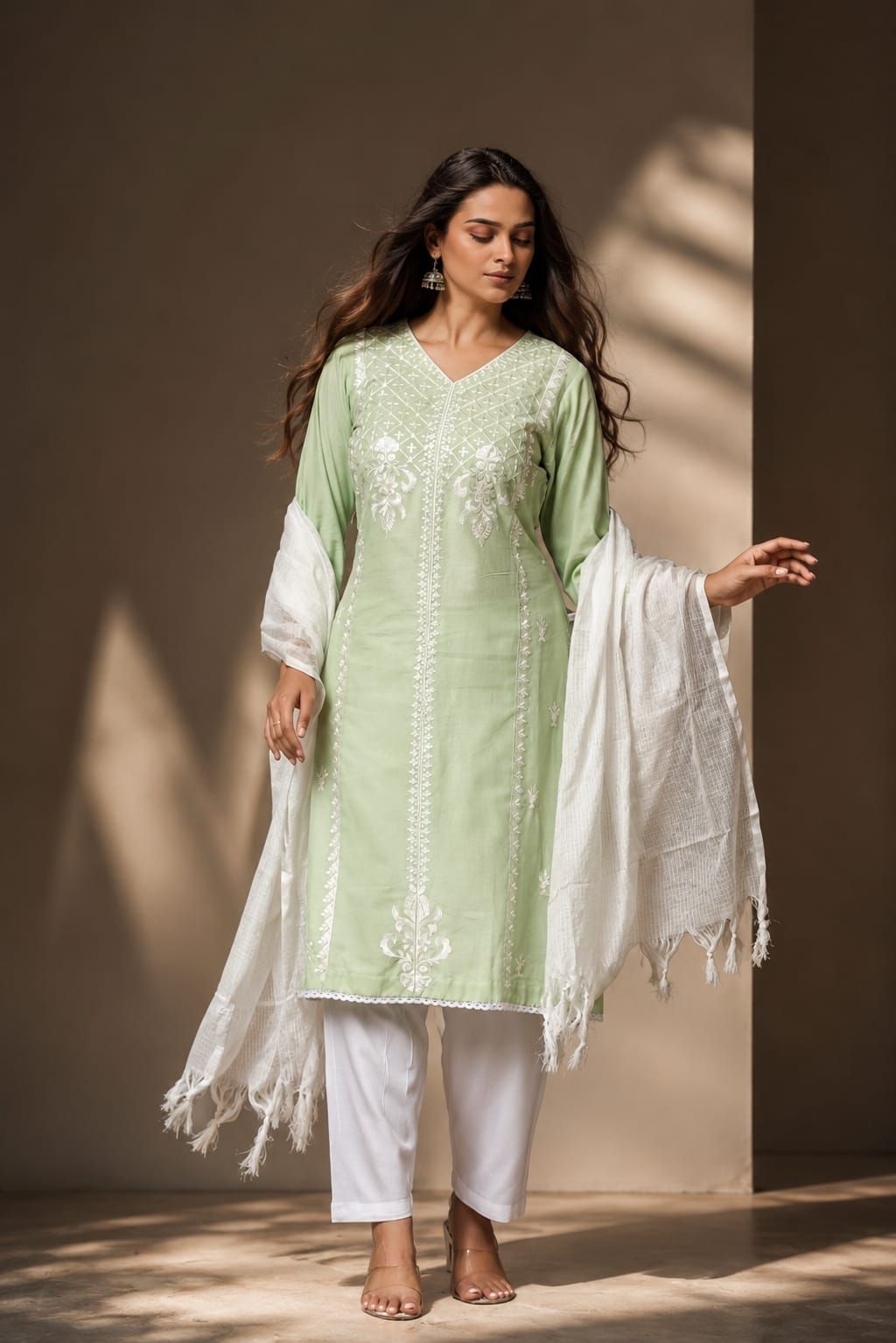 Sea Green Embroidered Cotton Flex Straight Kurta Pant Dupatta Set, view 1