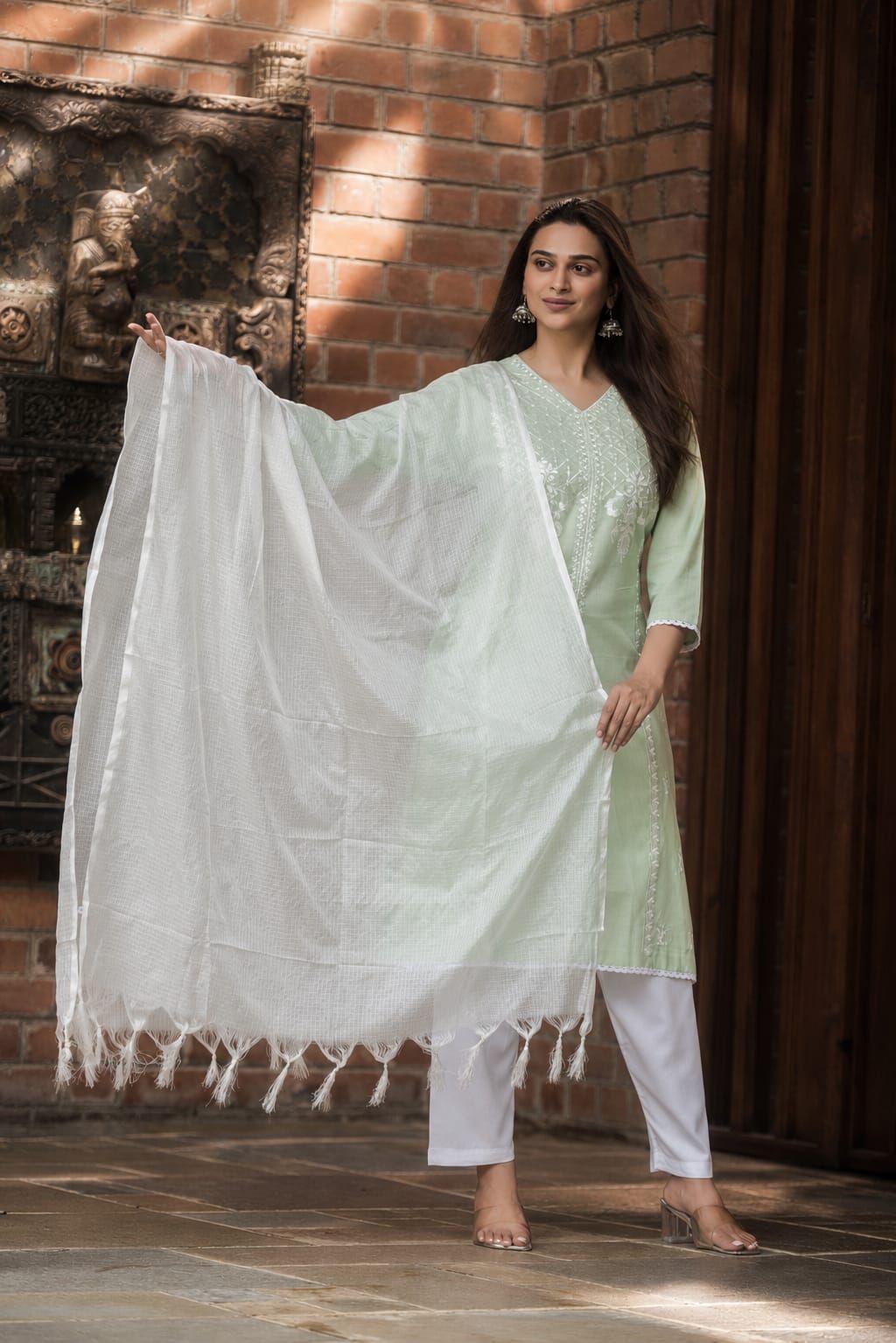 Sea Green Embroidered Cotton Flex Straight Kurta Pant Dupatta Set, view 2