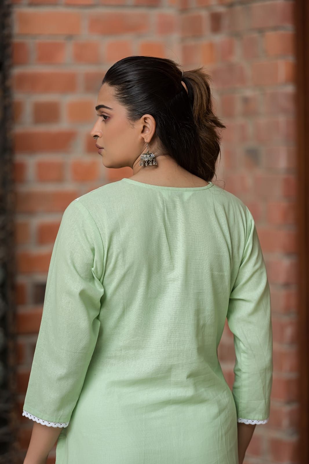 Sea Green Embroidered Cotton Flex Straight Kurta Pant Dupatta Set, view 3