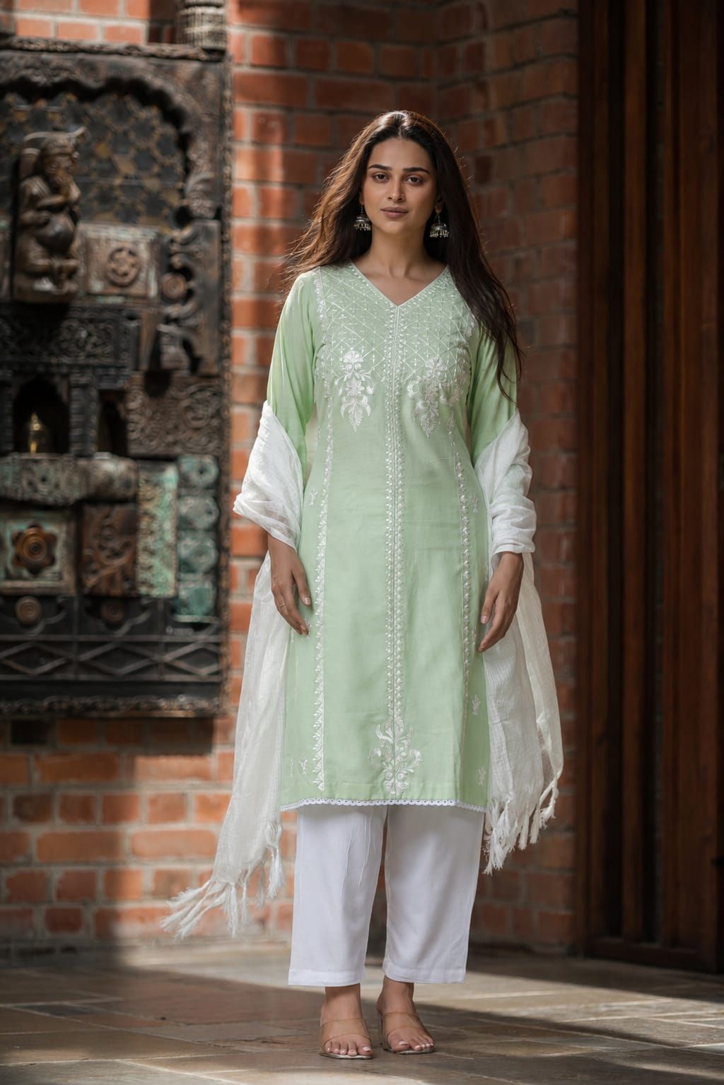 Sea Green Embroidered Cotton Flex Straight Kurta Pant Dupatta Set, view 4