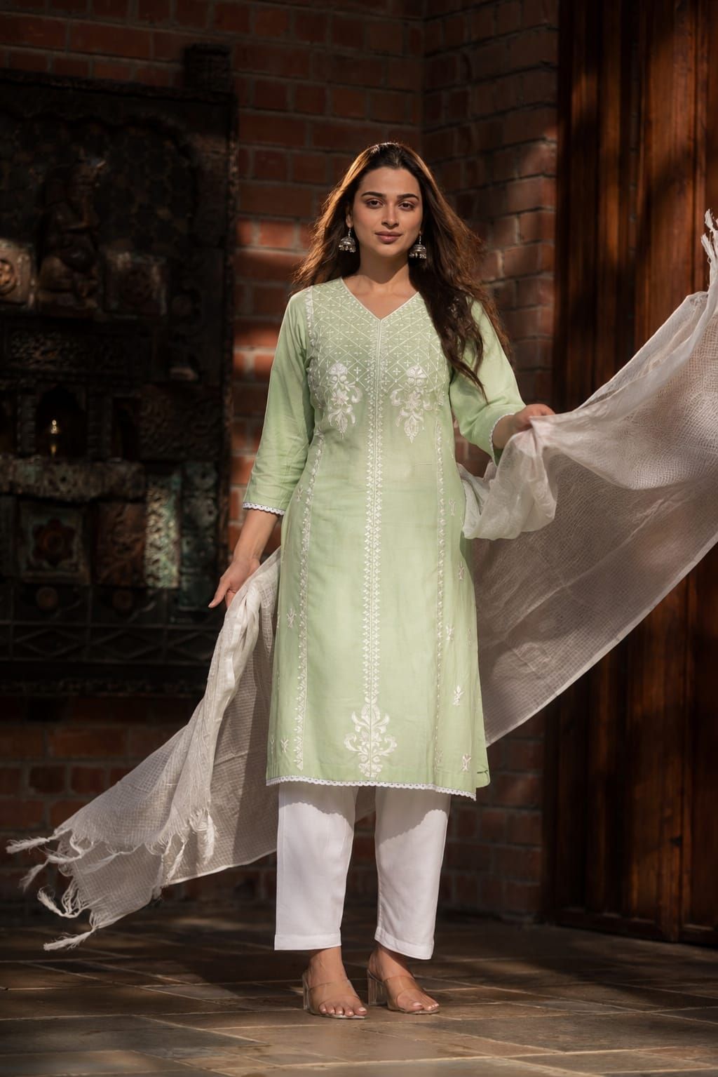 Sea Green Embroidered Cotton Flex Straight Kurta Pant Dupatta Set, view 5
