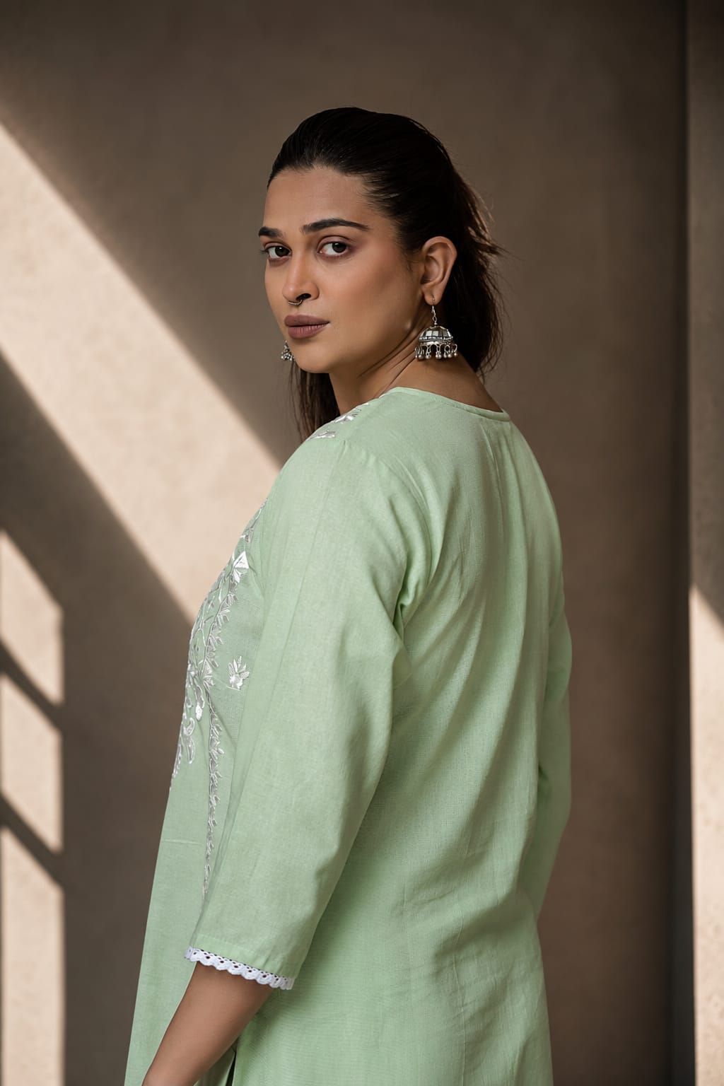 Sea Green Embroidered Cotton Flex Straight Kurta Pant Dupatta Set, view 6