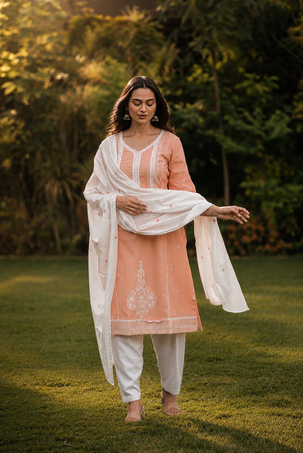 Peach Embroidered Cotton Flex Straight Kurta Pant Dupatta Set, view 1