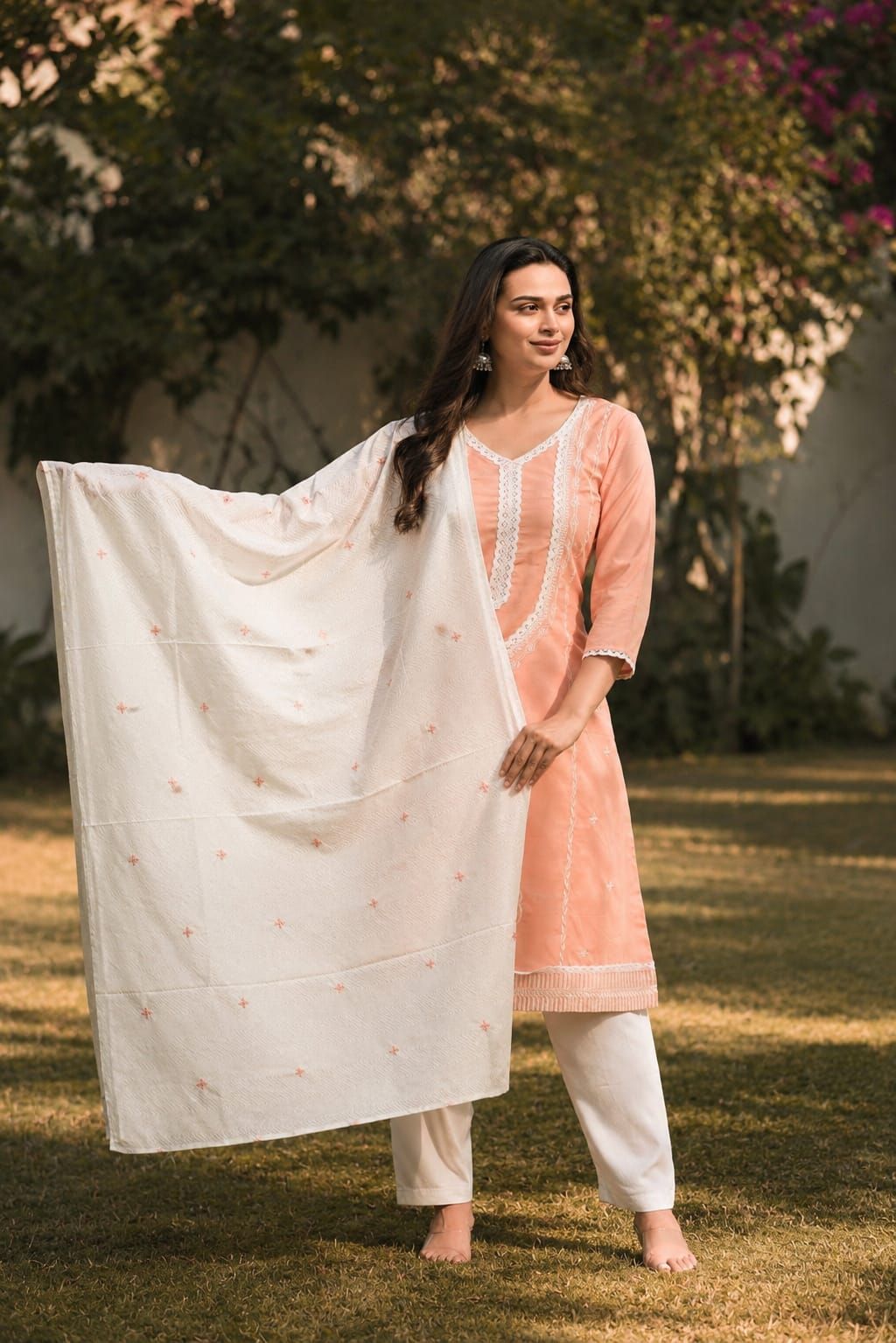 Peach Embroidered Cotton Flex Straight Kurta Pant Dupatta Set, view 2