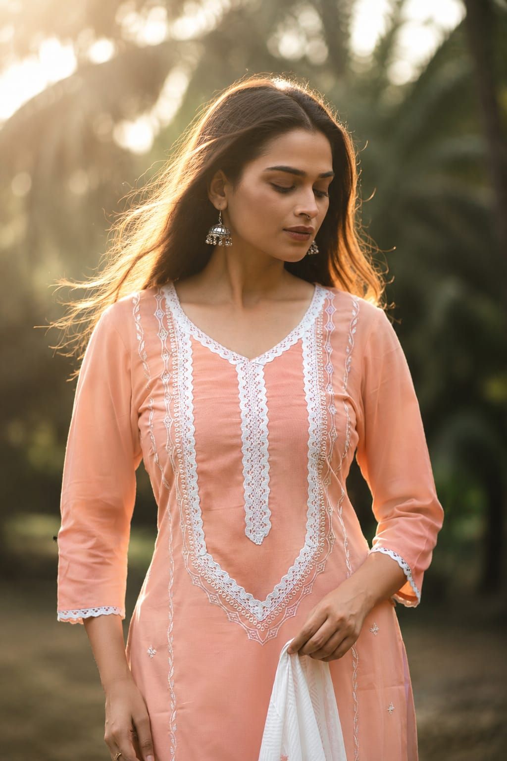 Peach Embroidered Cotton Flex Straight Kurta Pant Dupatta Set, view 3