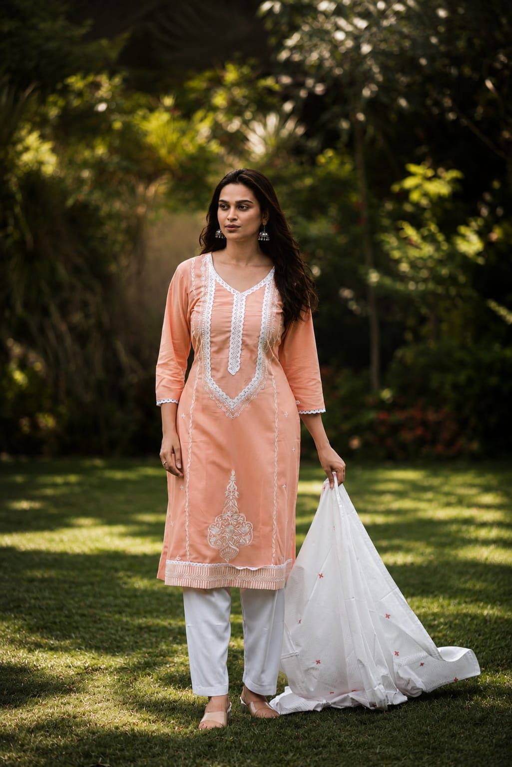 Peach Embroidered Cotton Flex Straight Kurta Pant Dupatta Set, view 4