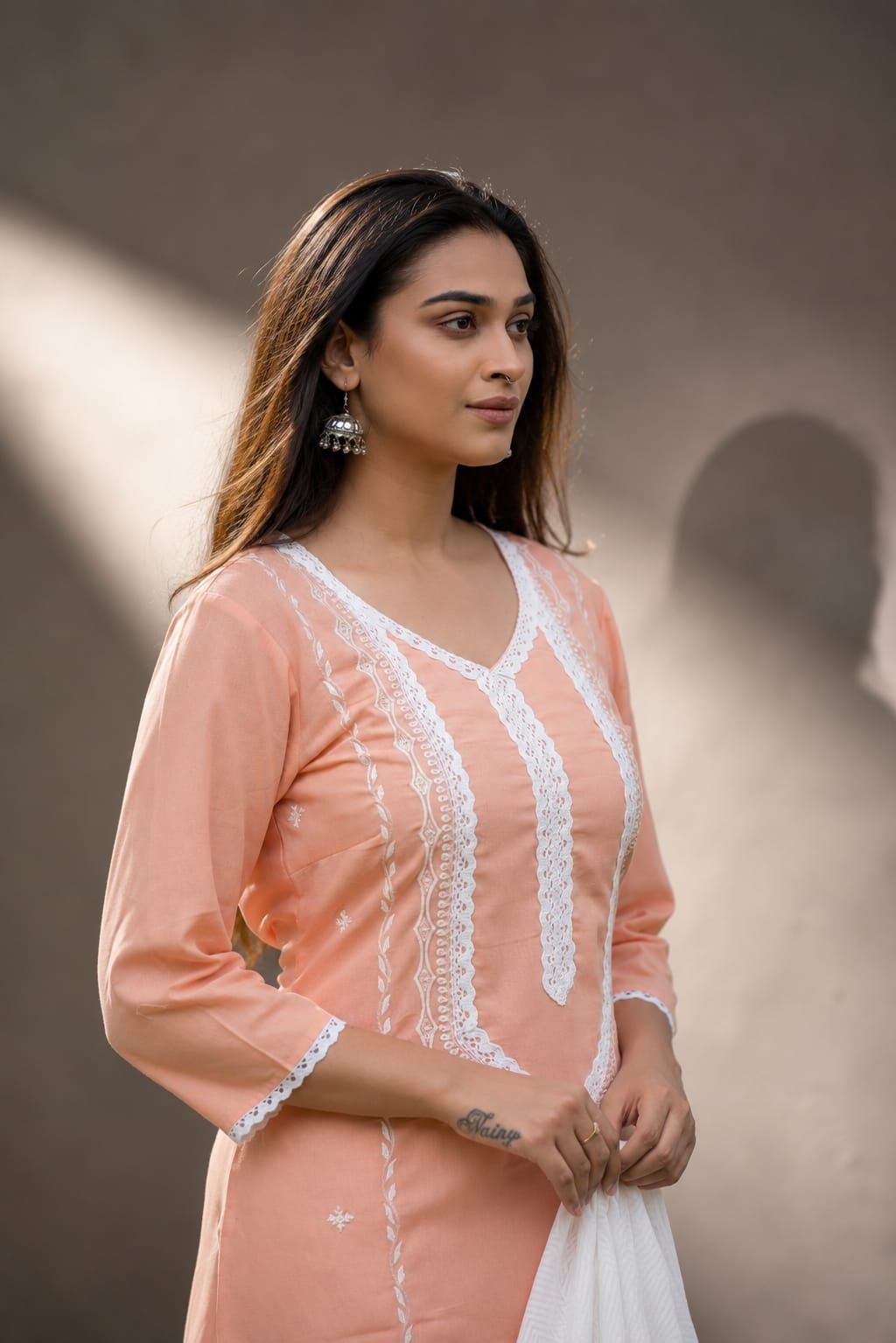 Peach Embroidered Cotton Flex Straight Kurta Pant Dupatta Set, view 6