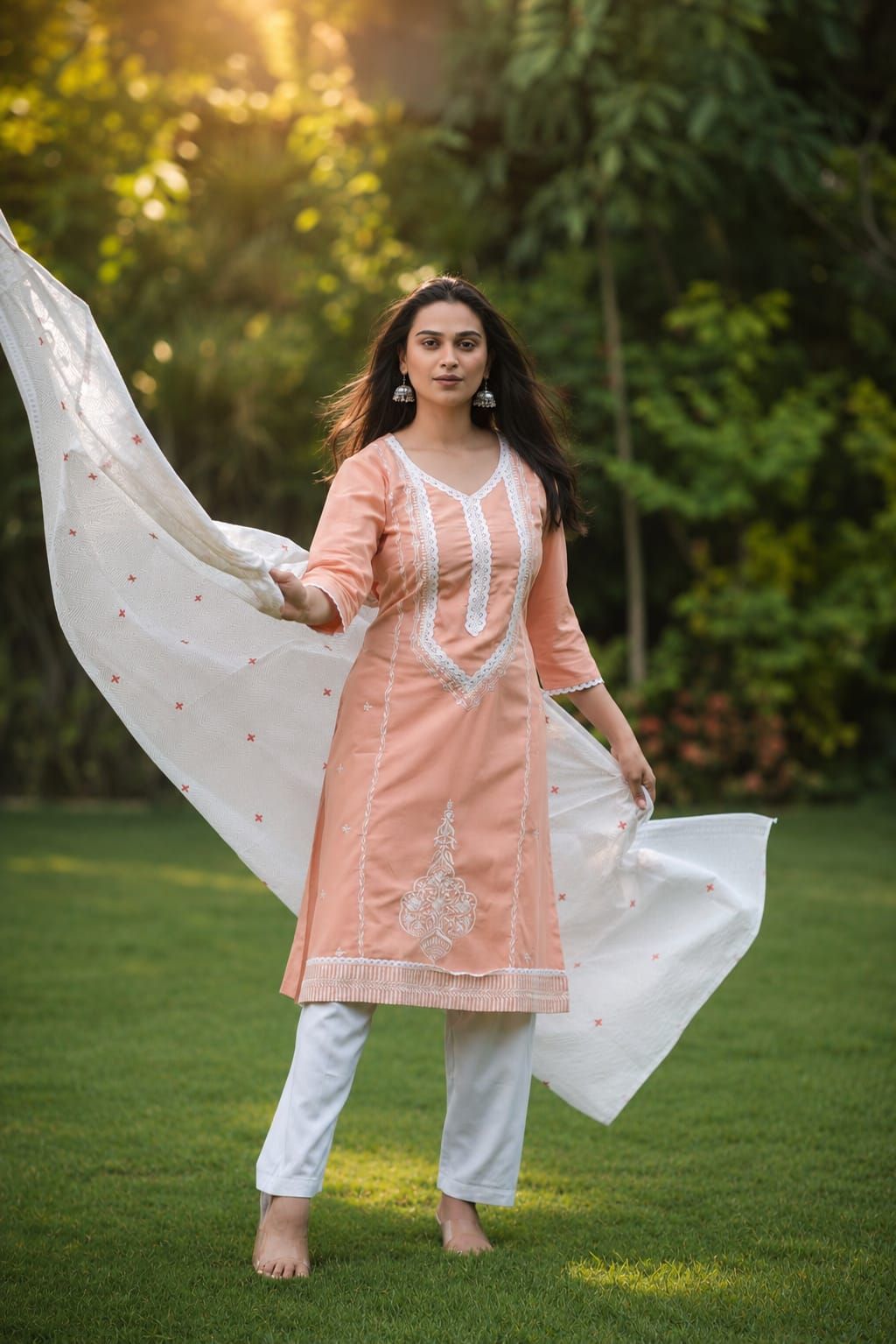 Peach Embroidered Cotton Flex Straight Kurta Pant Dupatta Set, view 7