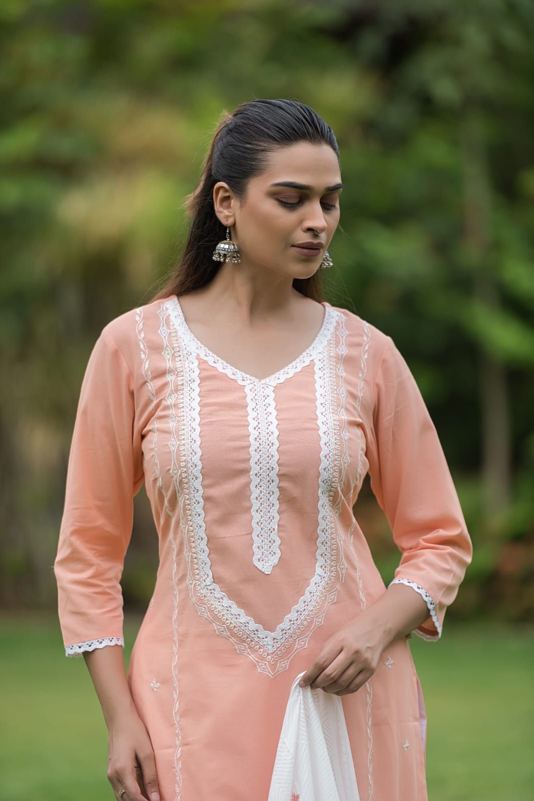 Peach Embroidered Cotton Flex Straight Kurta Pant Dupatta Set, view 8