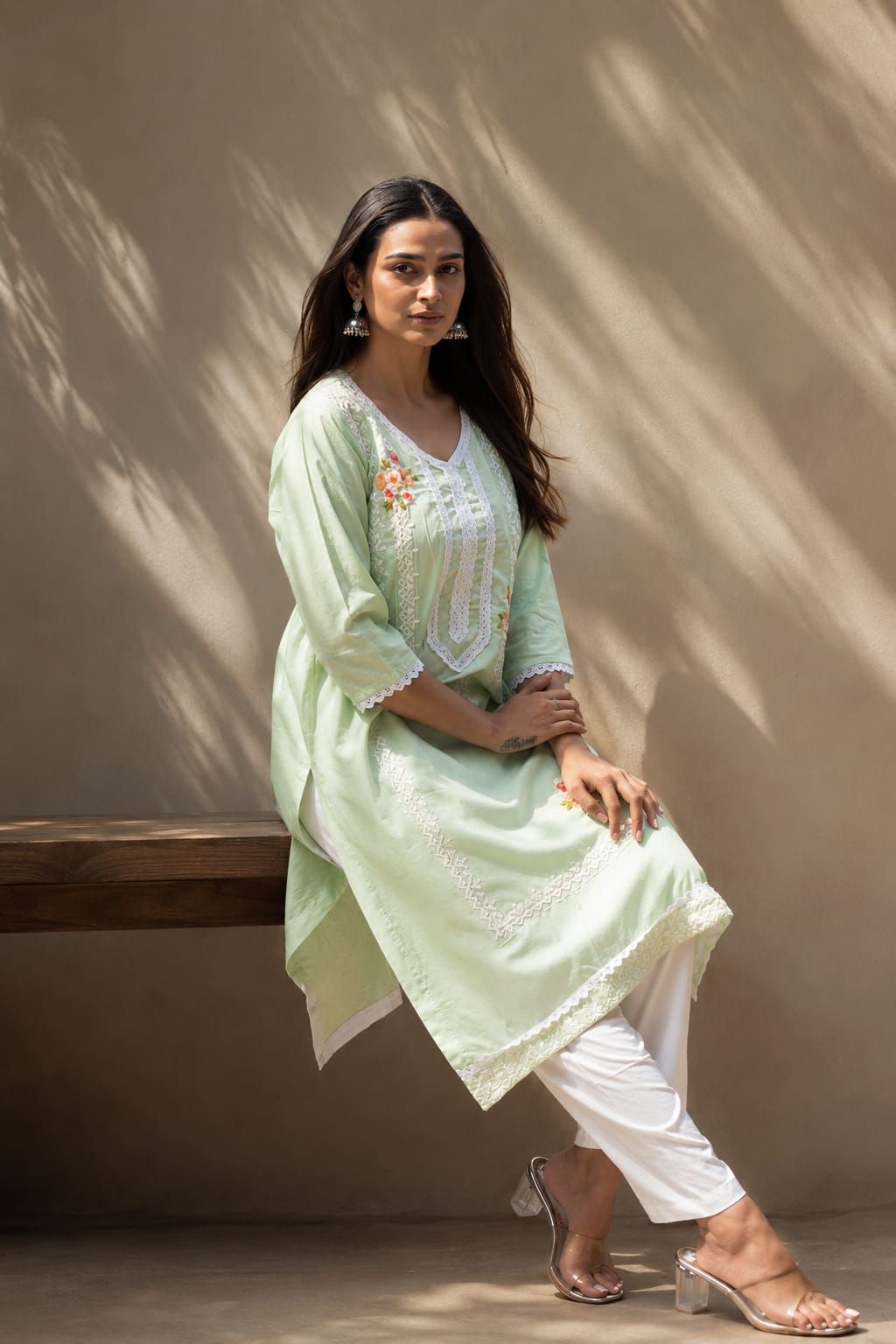 Sea Green Embroidered Cotton Flex Straight Kurta Pant Dupatta Set, view 1