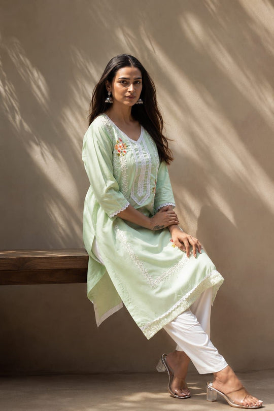 Sea Green Embroidered Cotton Flex Straight Kurta Pant Dupatta Set, view 1