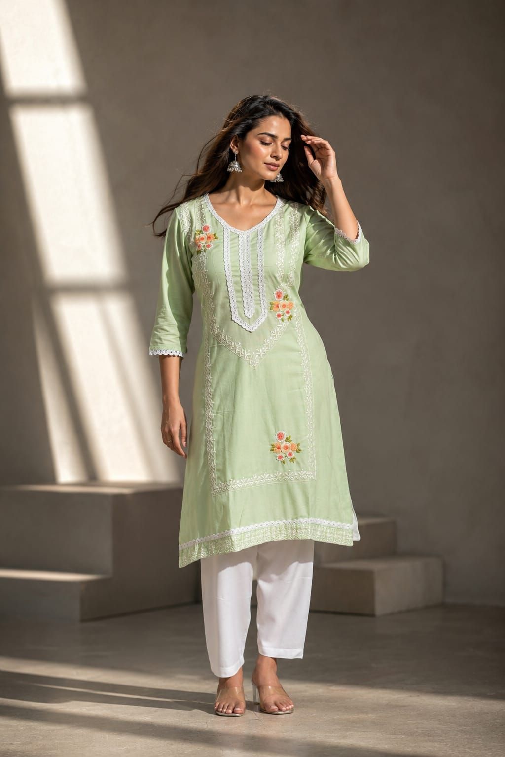 Sea Green Embroidered Cotton Flex Straight Kurta Pant Dupatta Set, view 2