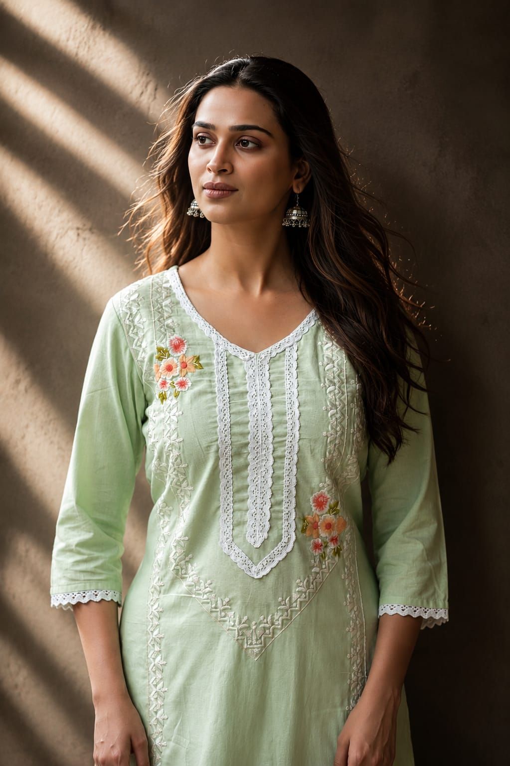 Sea Green Embroidered Cotton Flex Straight Kurta Pant Dupatta Set, view 3