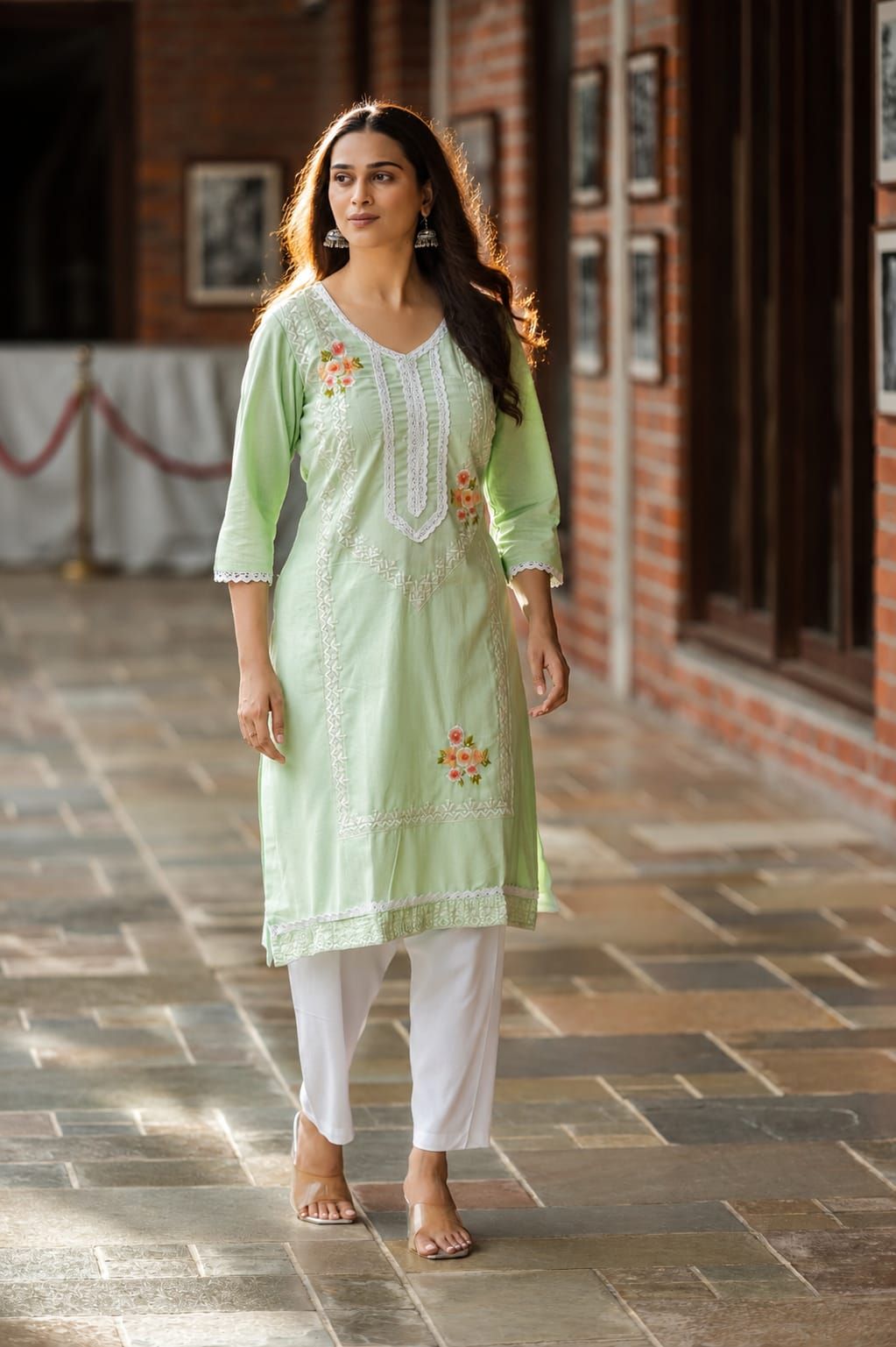 Sea Green Embroidered Cotton Flex Straight Kurta Pant Dupatta Set, view 5