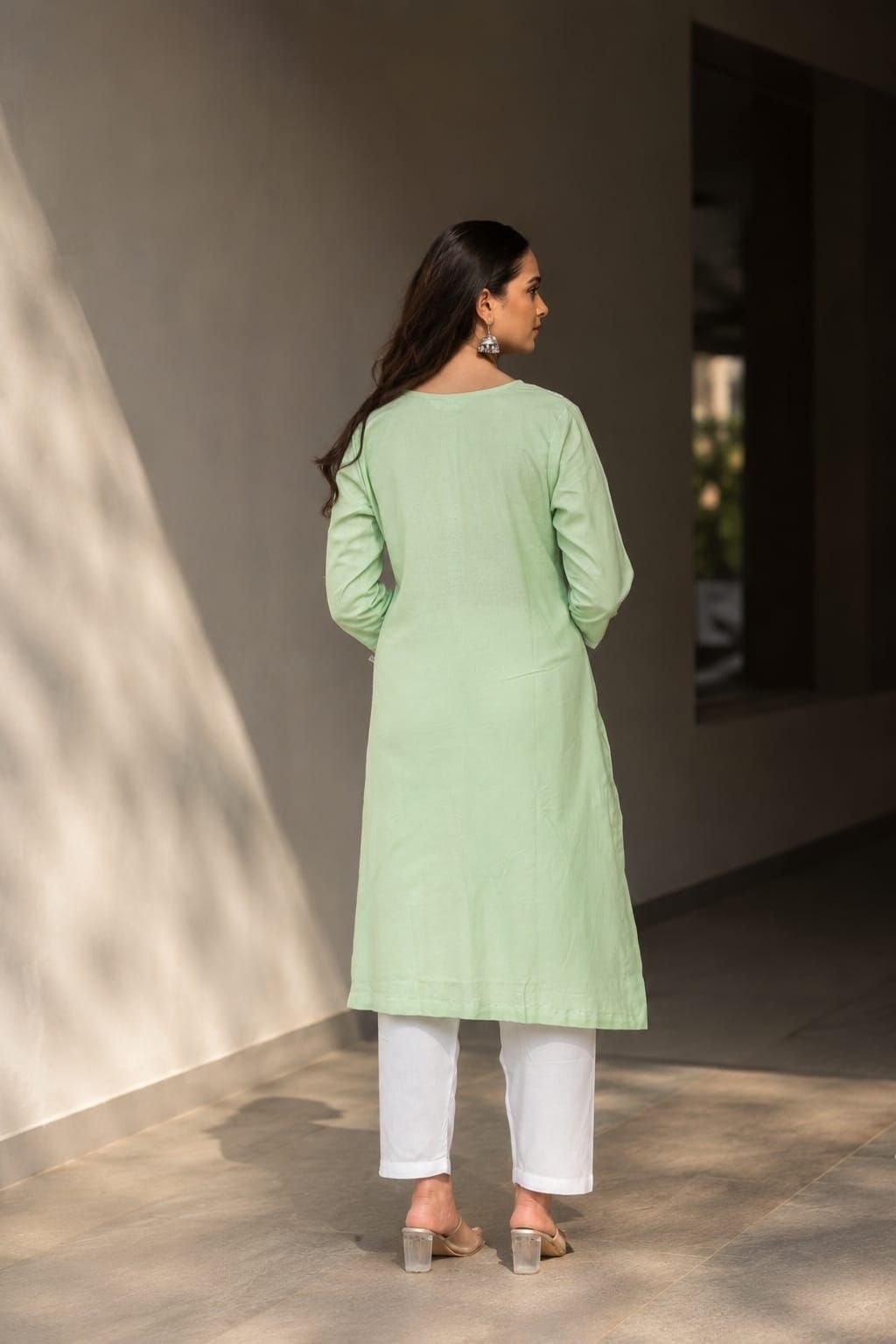 Sea Green Embroidered Cotton Flex Straight Kurta Pant Dupatta Set, view 6