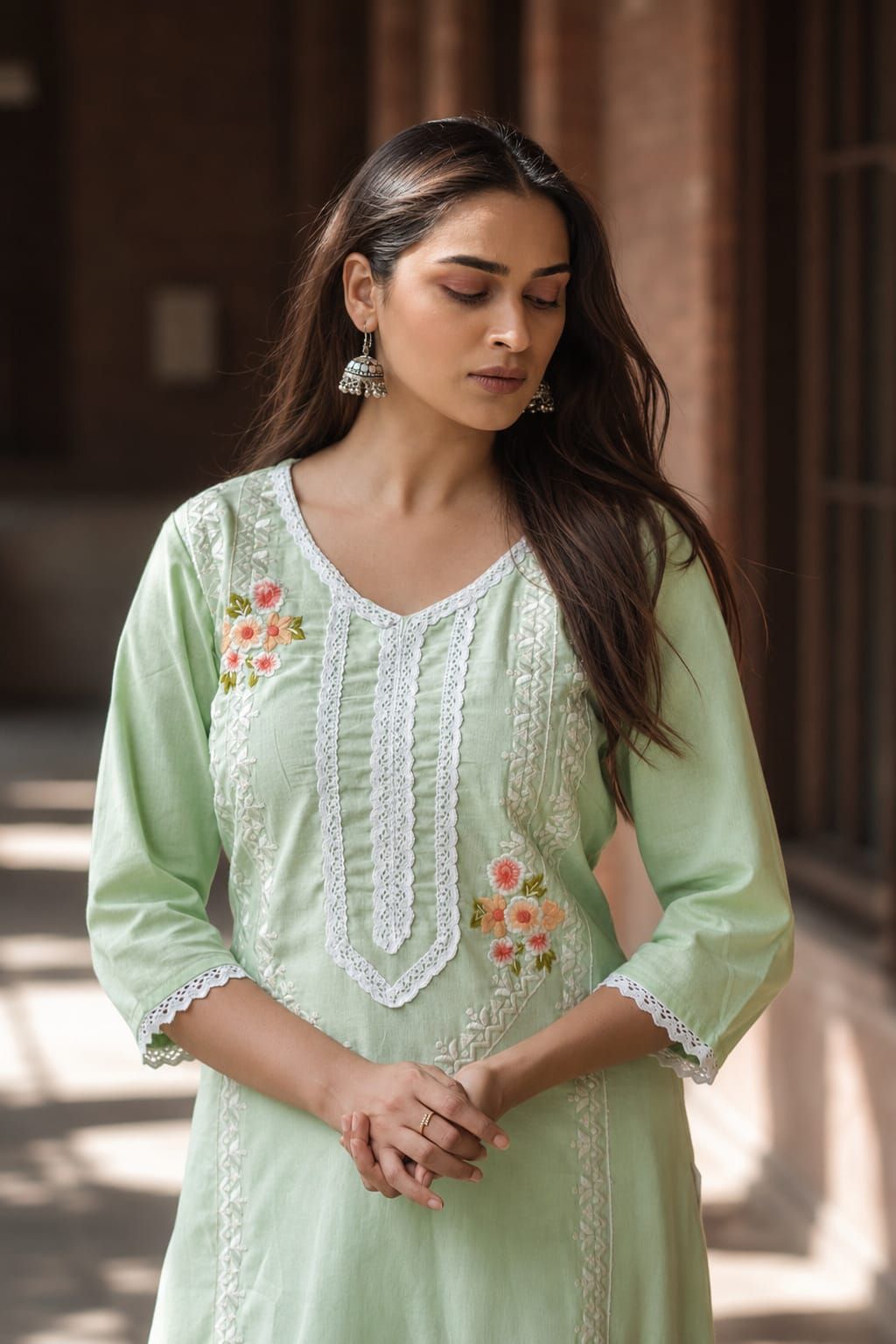 Sea Green Embroidered Cotton Flex Straight Kurta Pant Dupatta Set, view 7